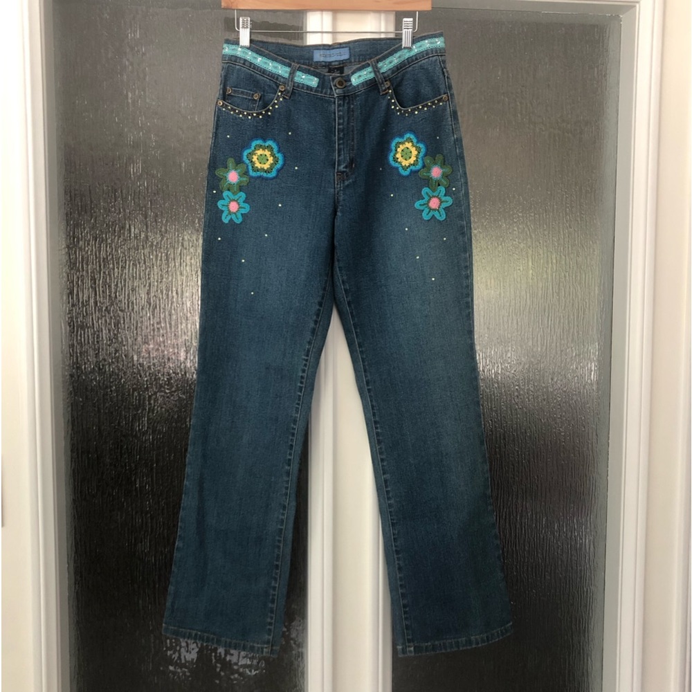 Size 8 Women's Jeans with Rhinestones and Crochet Flower Patches